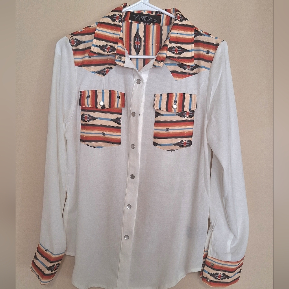 Lucky & Blessed Aztec Pattern Button Down Shirt